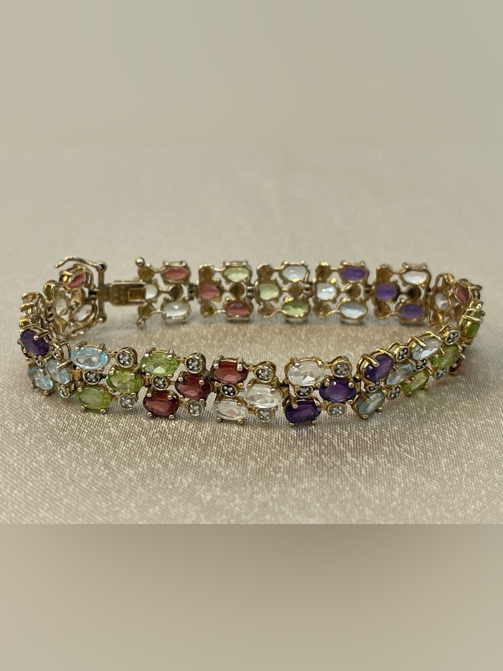 Women's Gold Toned Sterling Silver 925  Red Green Purple Blue Bracelet 7.5"